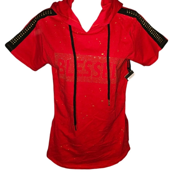 NWT Mystiq Blessed Gold Splattered Hooded Short Sleeve Top - Picture 1 of 3